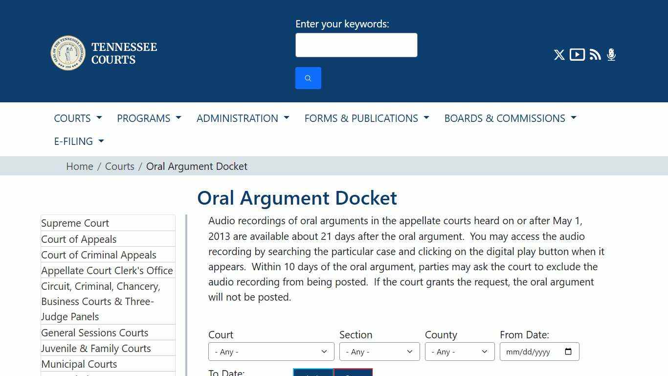 Oral Argument Docket | Tennessee Administrative Office of the Courts