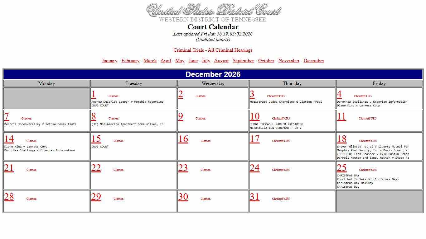 U. S. District Court Calendar